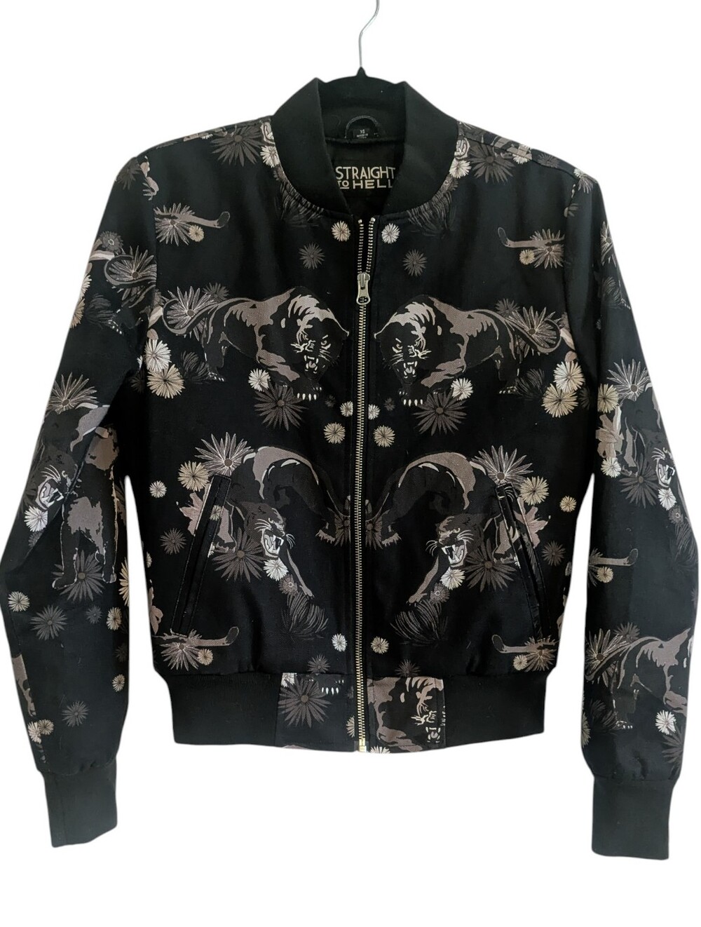 Straight to Hell Black Floral Panther Bomber Jacket